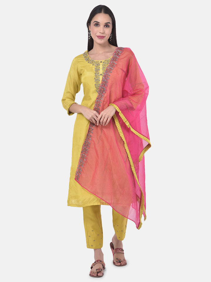Neerus Yellow Embellished Kurta With Pant & Dupatta