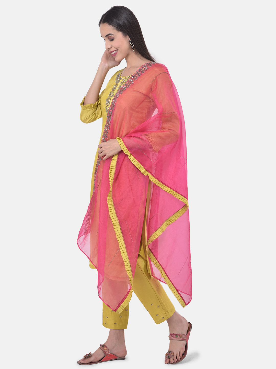 Neerus Yellow Embellished Kurta With Pant & Dupatta