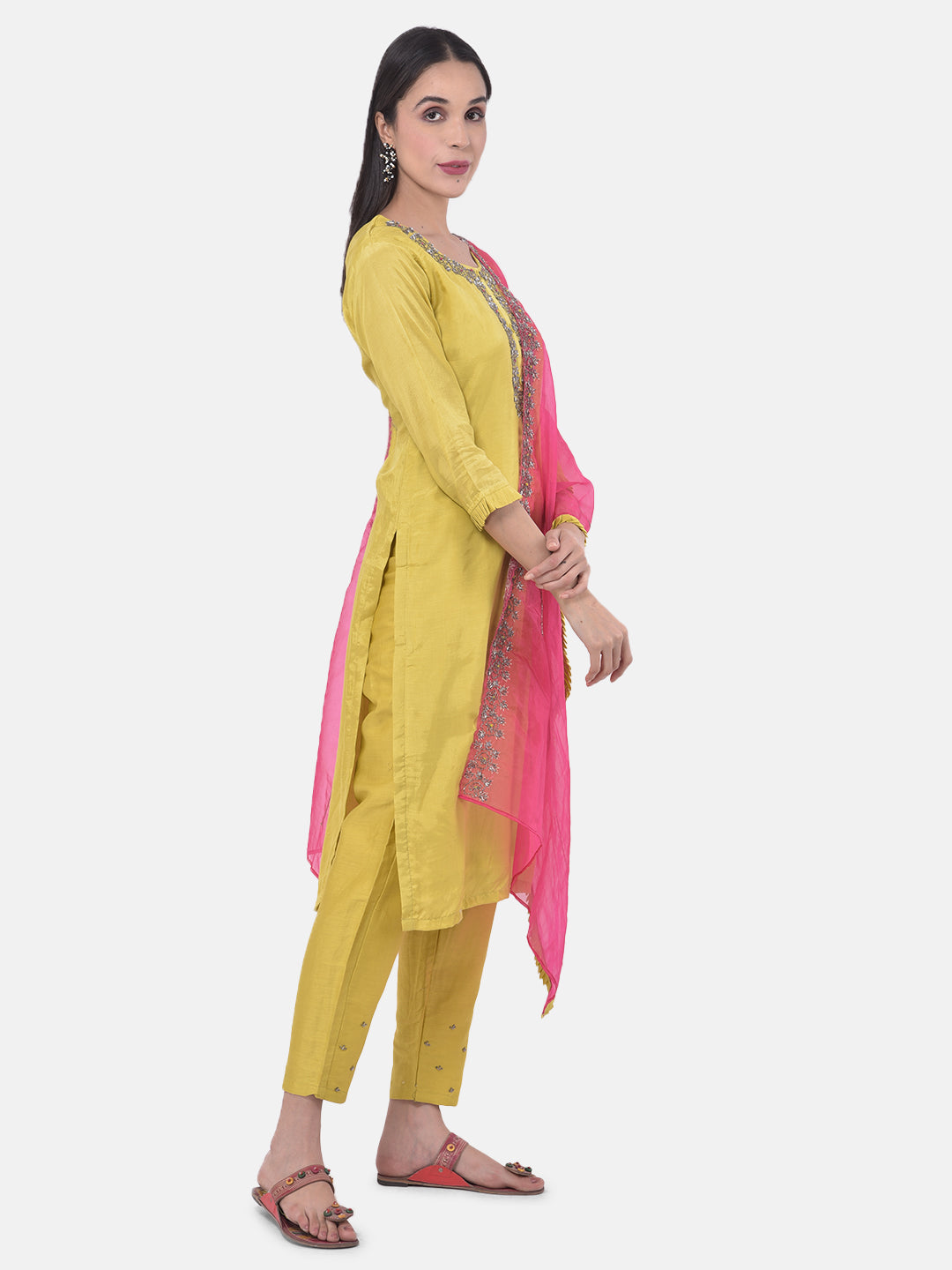 Neerus Yellow Embellished Kurta With Pant & Dupatta