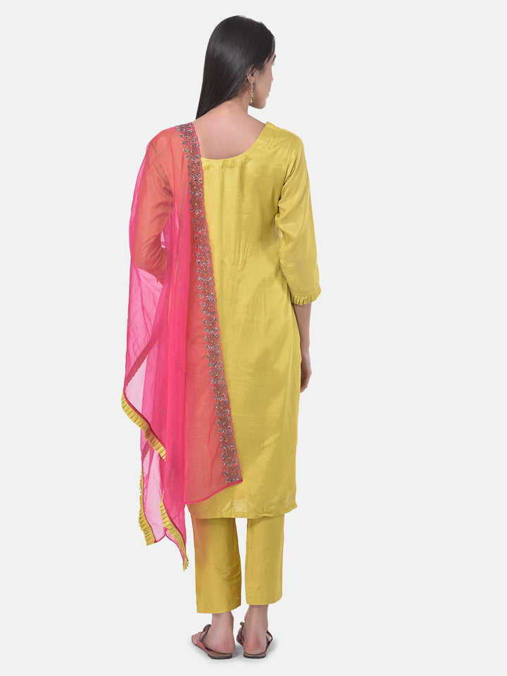 Neerus Yellow Embellished Kurta With Pant & Dupatta