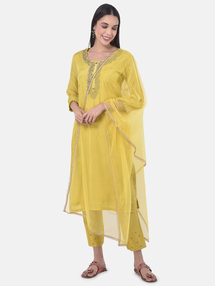 Neerus Yellow Embellished Kurta With Pant & Dupatta