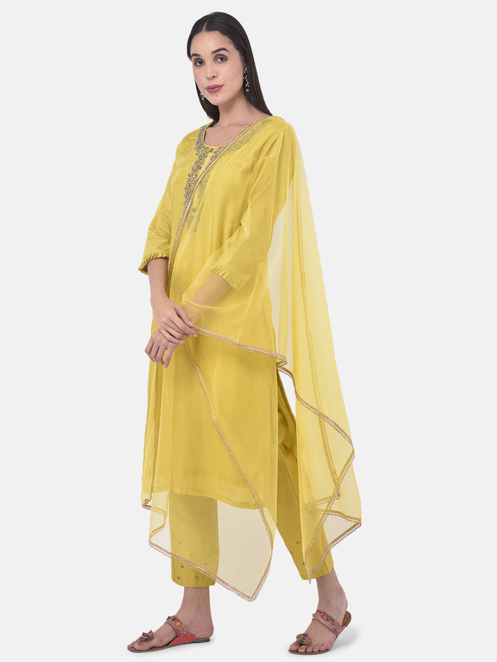 Neerus Yellow Embellished Kurta With Pant & Dupatta