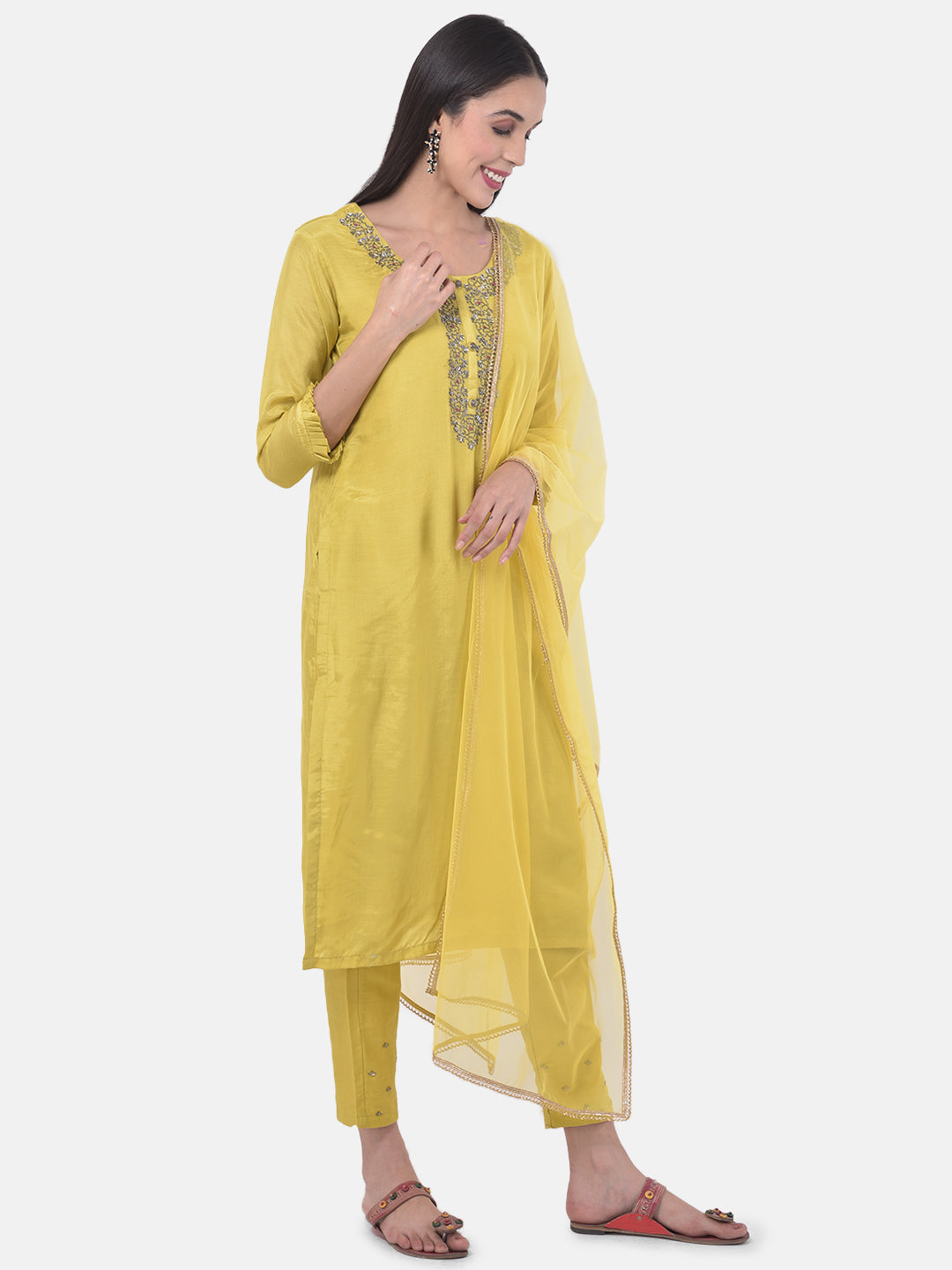 Neerus Yellow Embellished Kurta With Pant & Dupatta