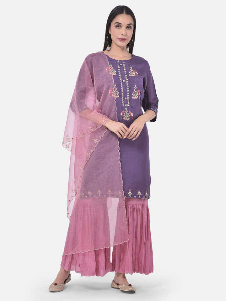Neerus Violet & Pink Embroidered Kurta With Sharara & Dupatta