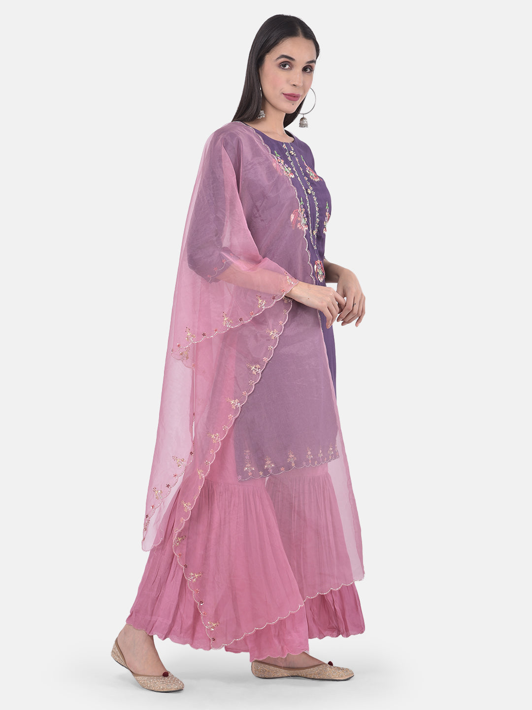 Neerus Violet & Pink Embroidered Kurta With Sharara & Dupatta