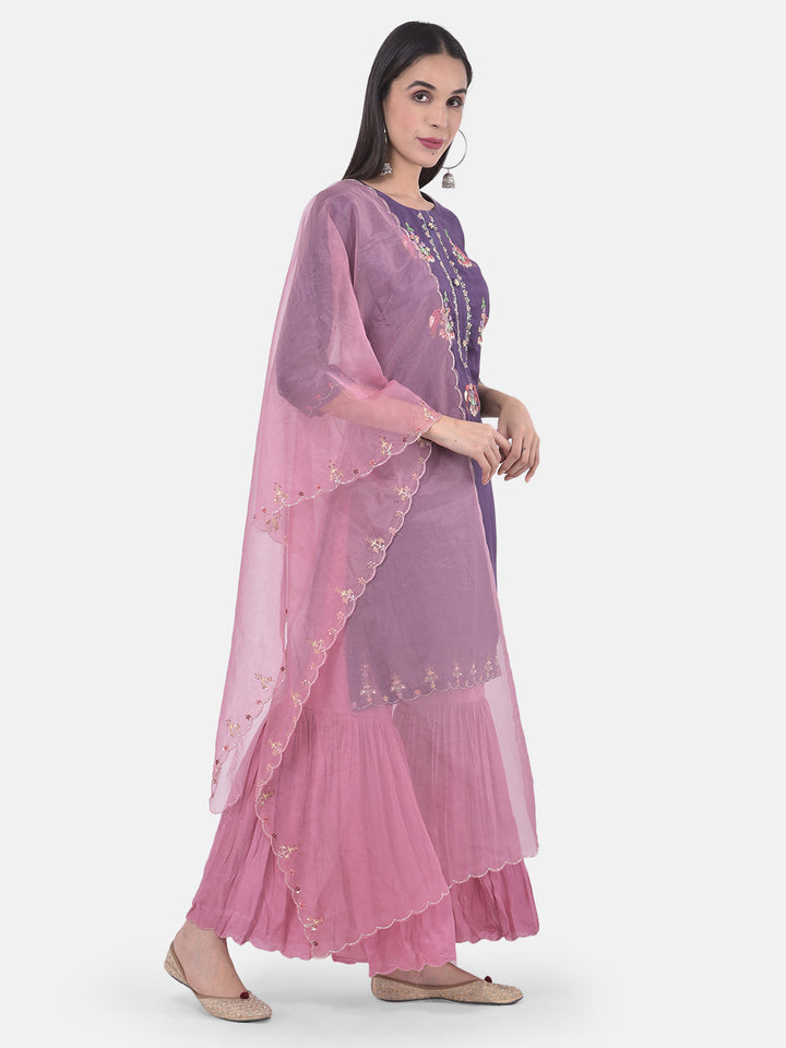 Neerus Violet & Pink Embroidered Kurta With Sharara & Dupatta