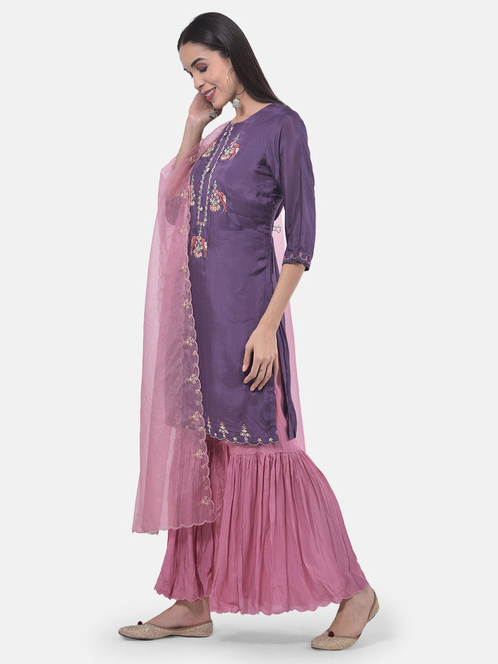 Neerus Violet & Pink Embroidered Kurta With Sharara & Dupatta
