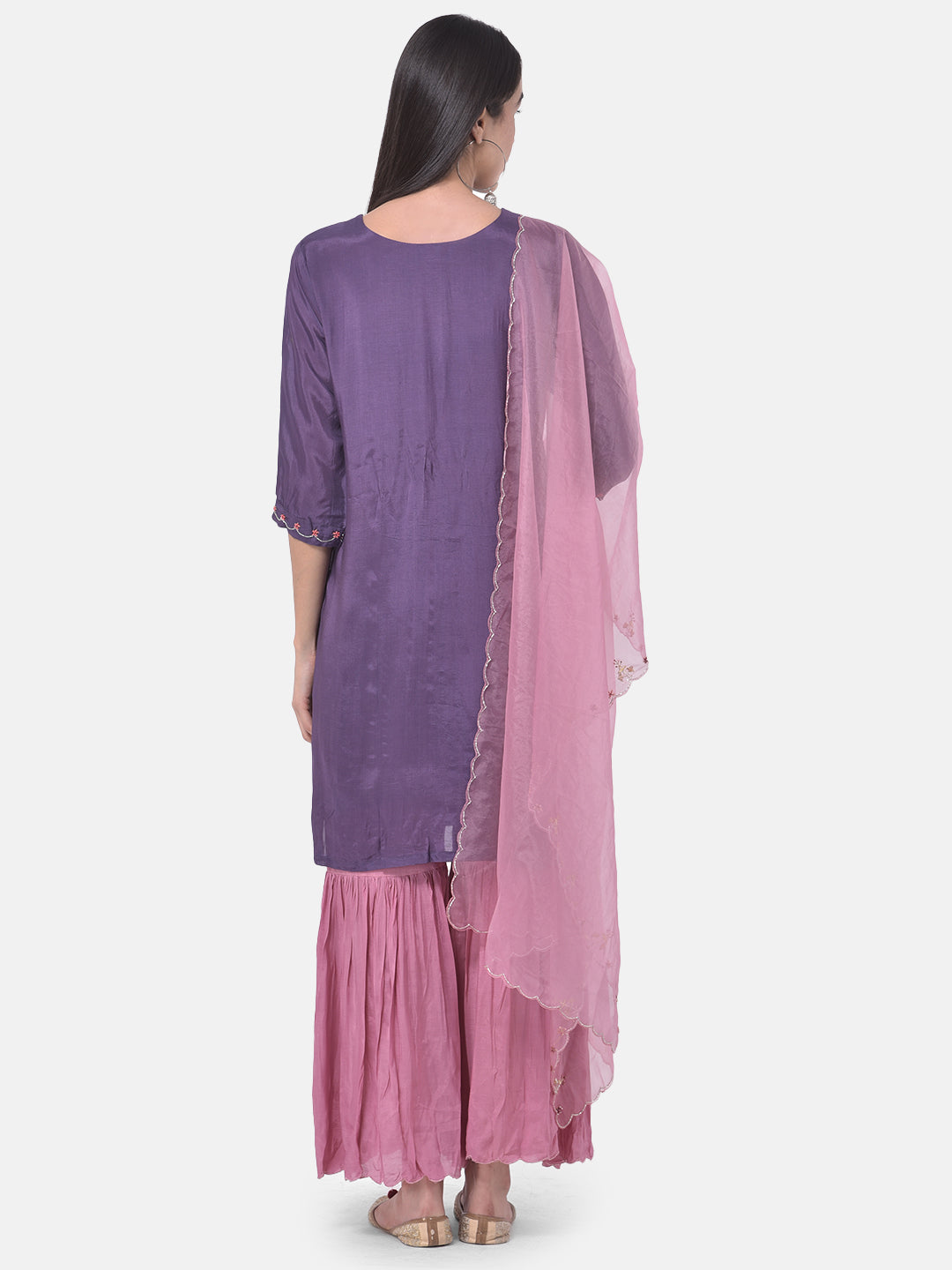 Neerus Violet & Pink Embroidered Kurta With Sharara & Dupatta