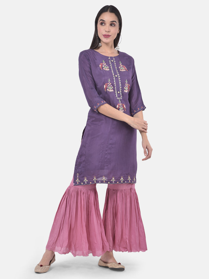 Neerus Violet & Pink Embroidered Kurta With Sharara & Dupatta