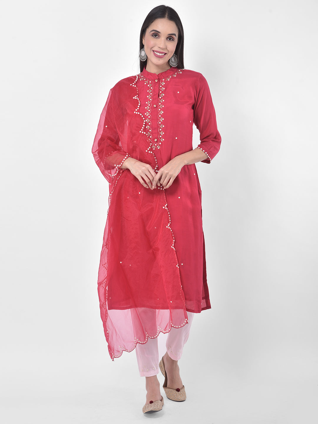 Neerus Pink & White Embellished Kurta With Pant & Dupatta