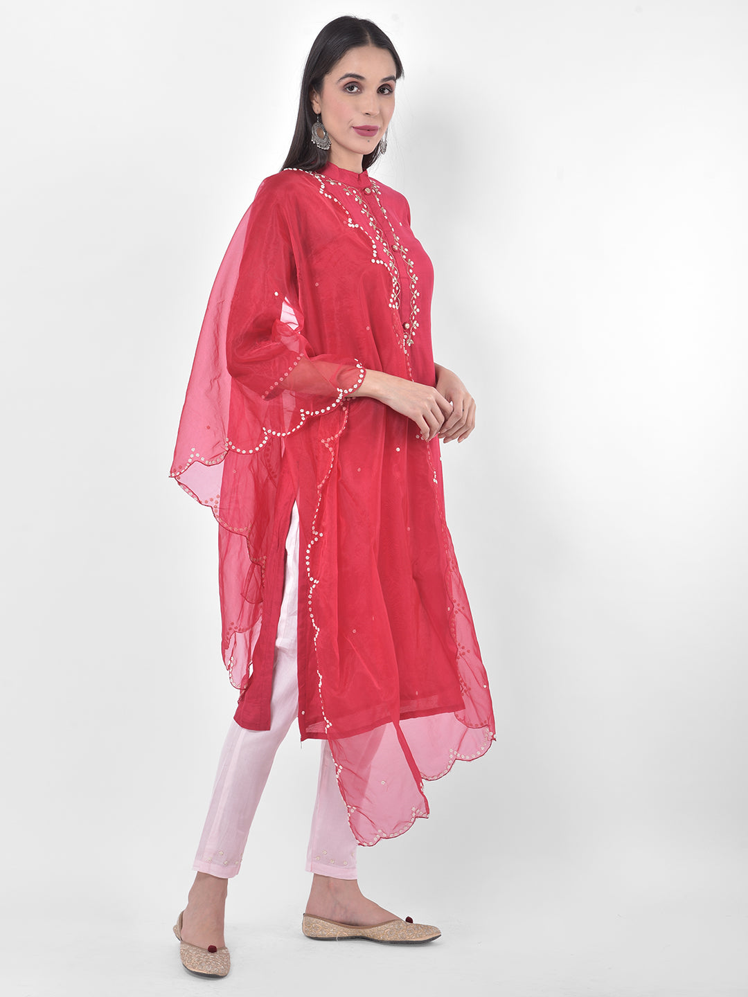 Neerus Pink & White Embellished Kurta With Pant & Dupatta