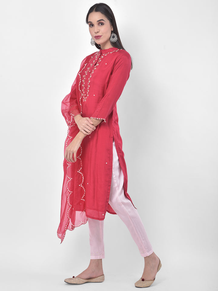Neerus Pink & White Embellished Kurta With Pant & Dupatta