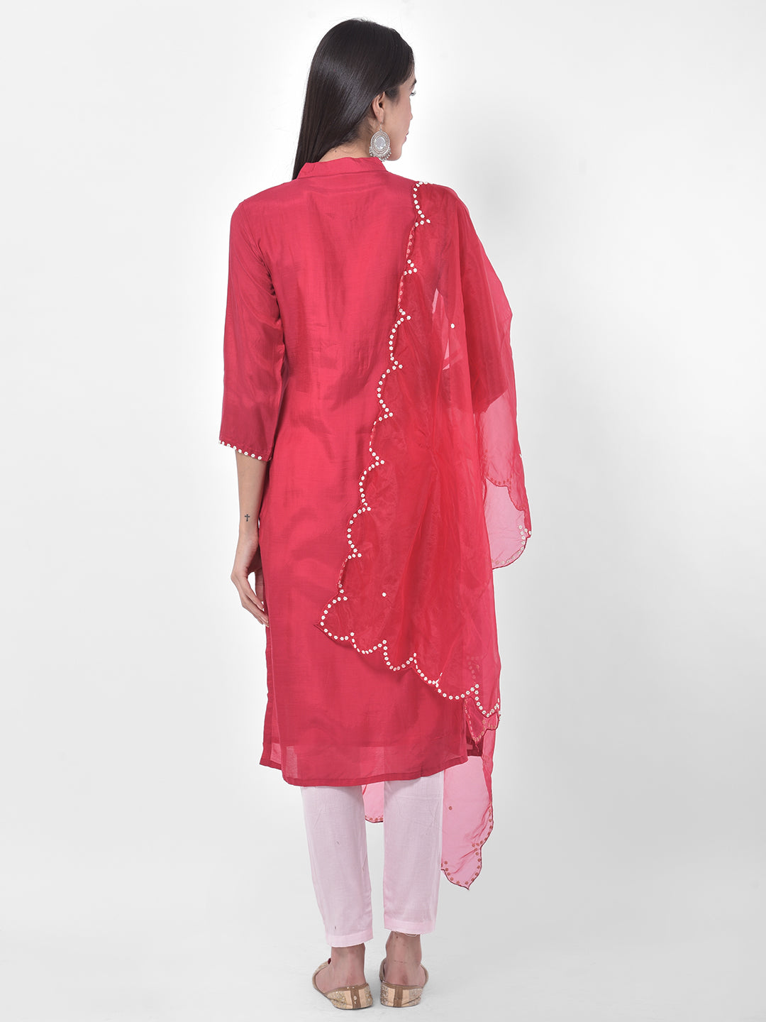Neerus Pink & White Embellished Kurta With Pant & Dupatta