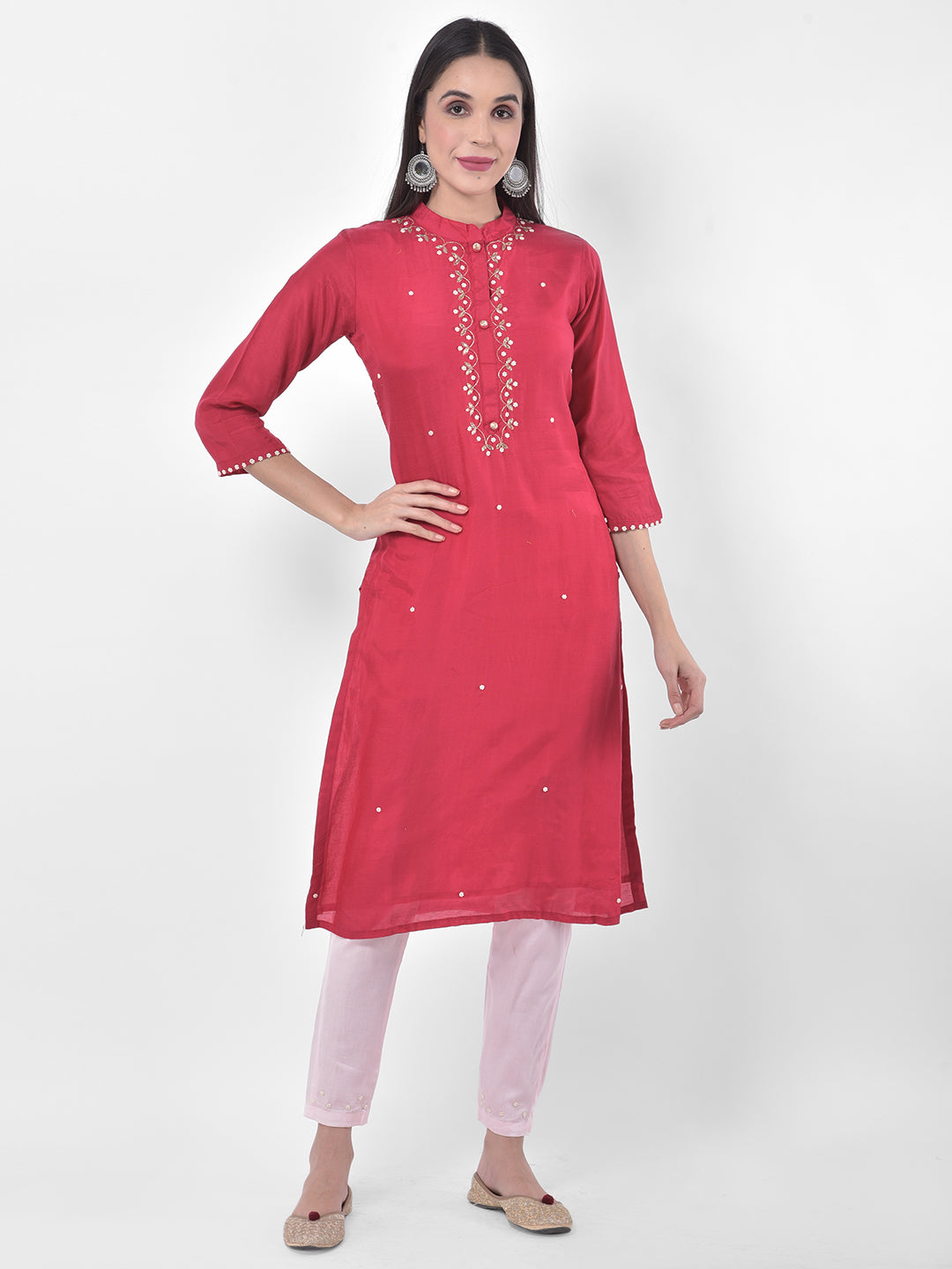 Neerus Pink & White Embellished Kurta With Pant & Dupatta