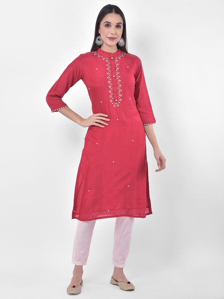 Neerus Pink & White Embellished Kurta With Pant & Dupatta