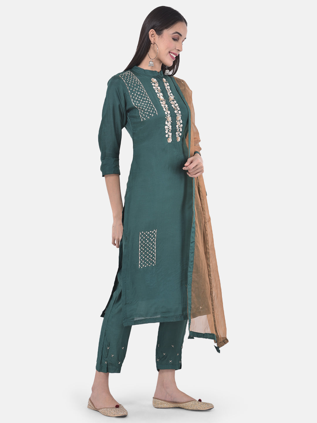 Neeru's Green Embellished Kurta With Pant & Dupatta