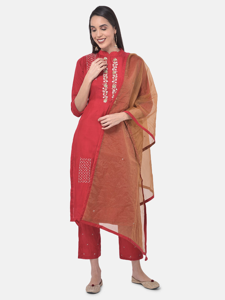 Neerus Red embellished kurta set with pant and dupatta - detail view 4