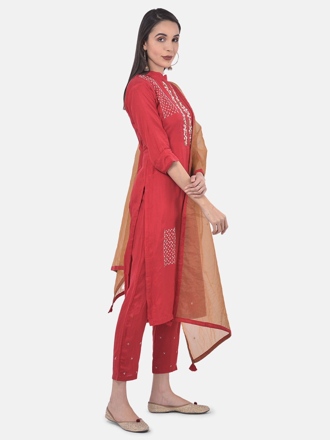 Neerus Red embellished kurta set with pant and dupatta - back view
