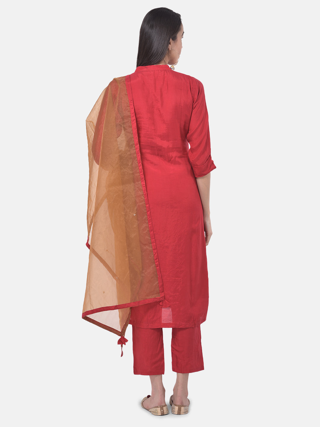 Neerus Red embellished kurta set with pant and dupatta - side view