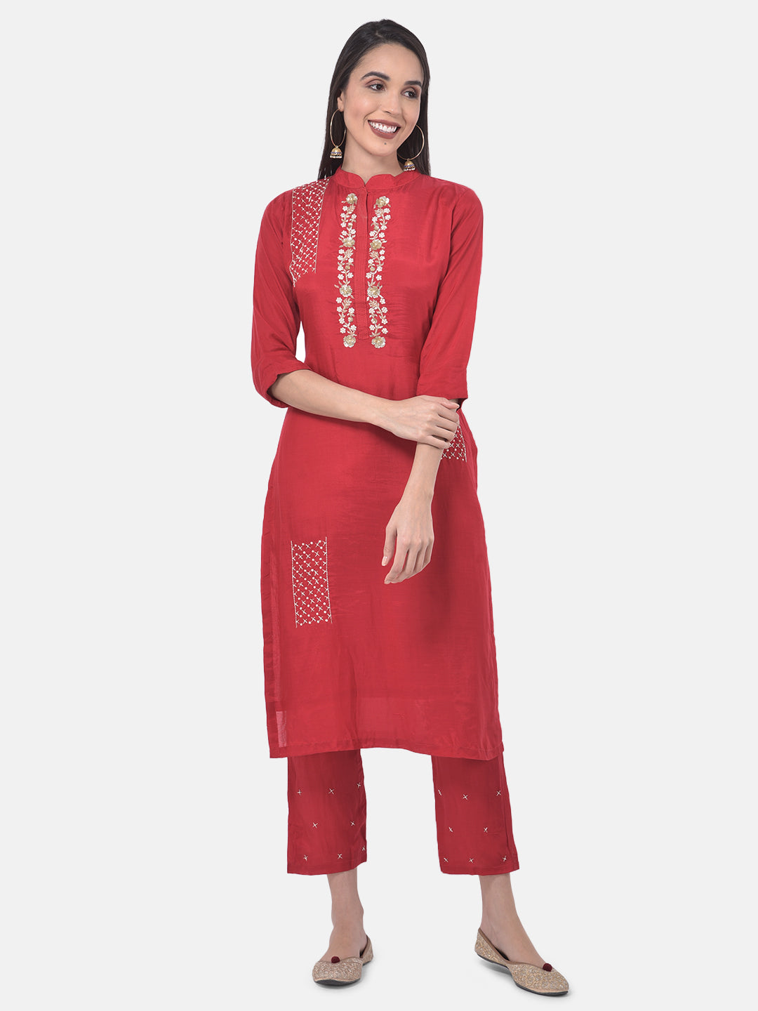 Neerus Red embellished kurta set with pant and dupatta - detail view 3
