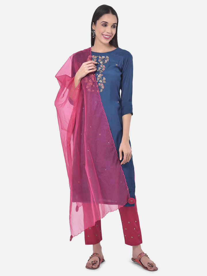 Neerus Blue embellished kurta set with pant and dupatta - front view