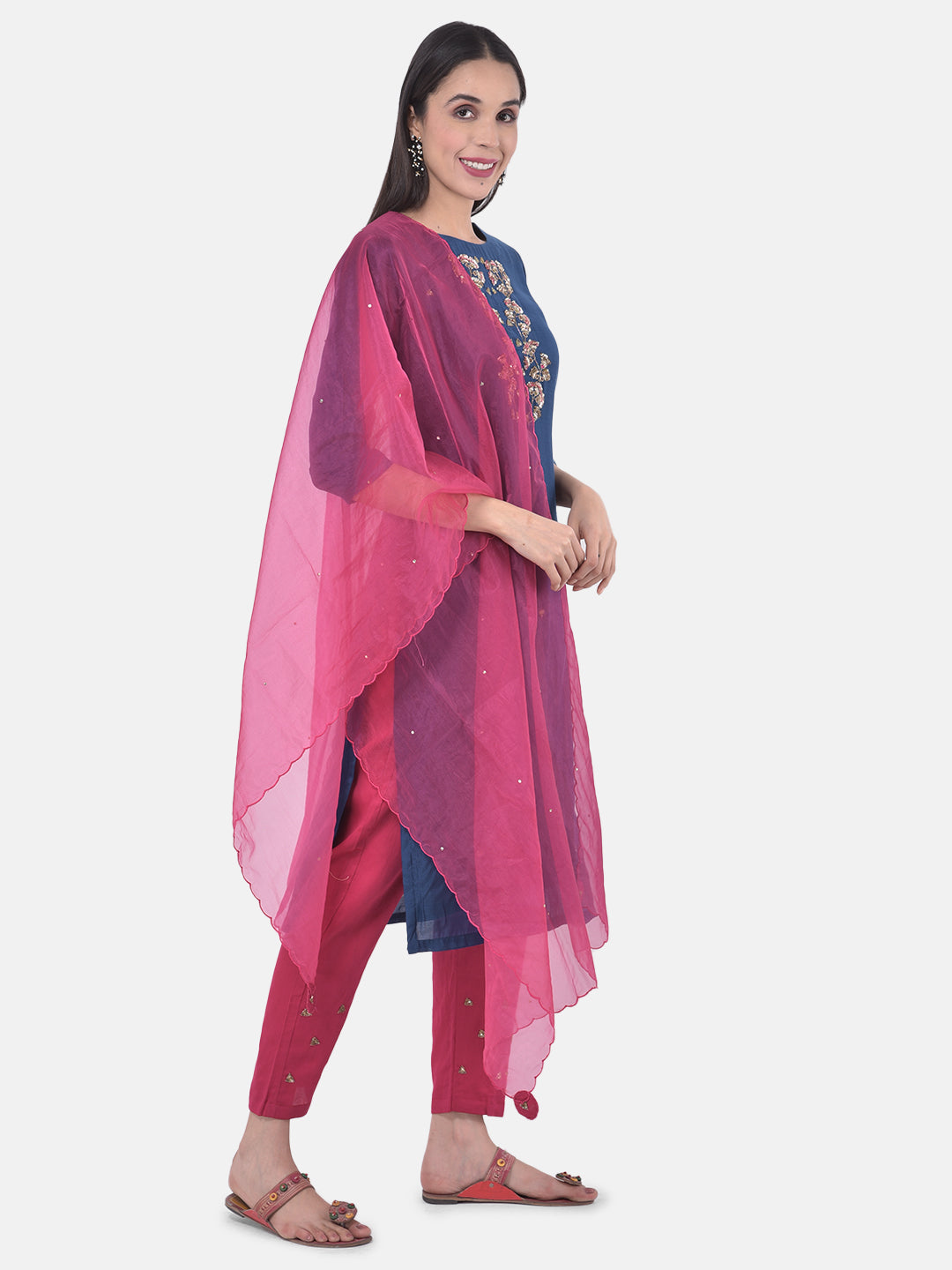 Neerus Blue embellished kurta set with pant and dupatta - back view