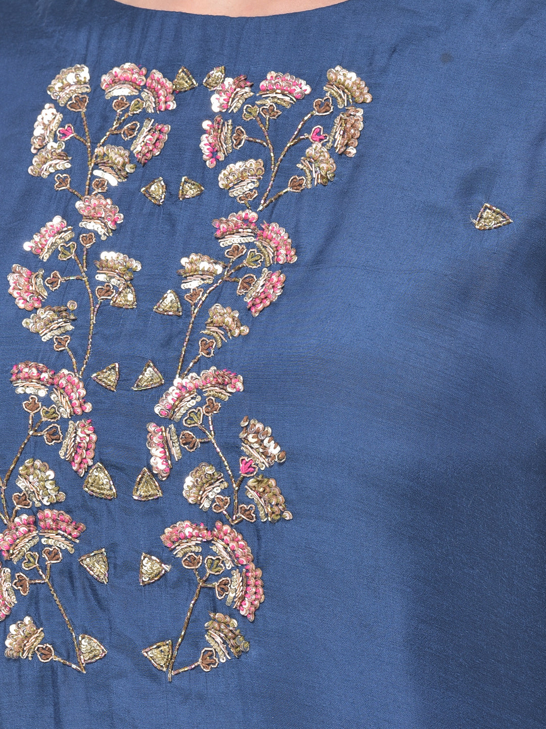 Neerus Blue embellished kurta set with pant and dupatta - detail view 1
