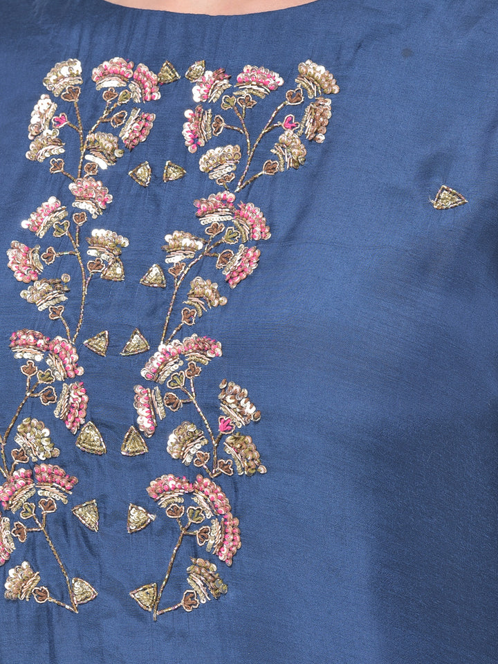 Neerus Blue embellished kurta set with pant and dupatta - detail view 1
