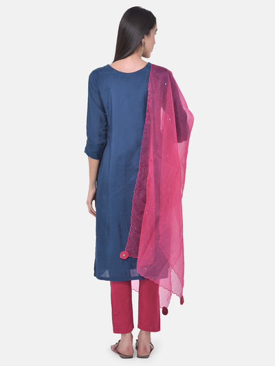 Neeru's Blue & Pink Embellished Kurta With Pant & Dupatta