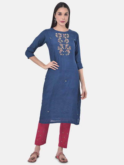 Neeru's Blue & Pink Embellished Kurta With Pant & Dupatta