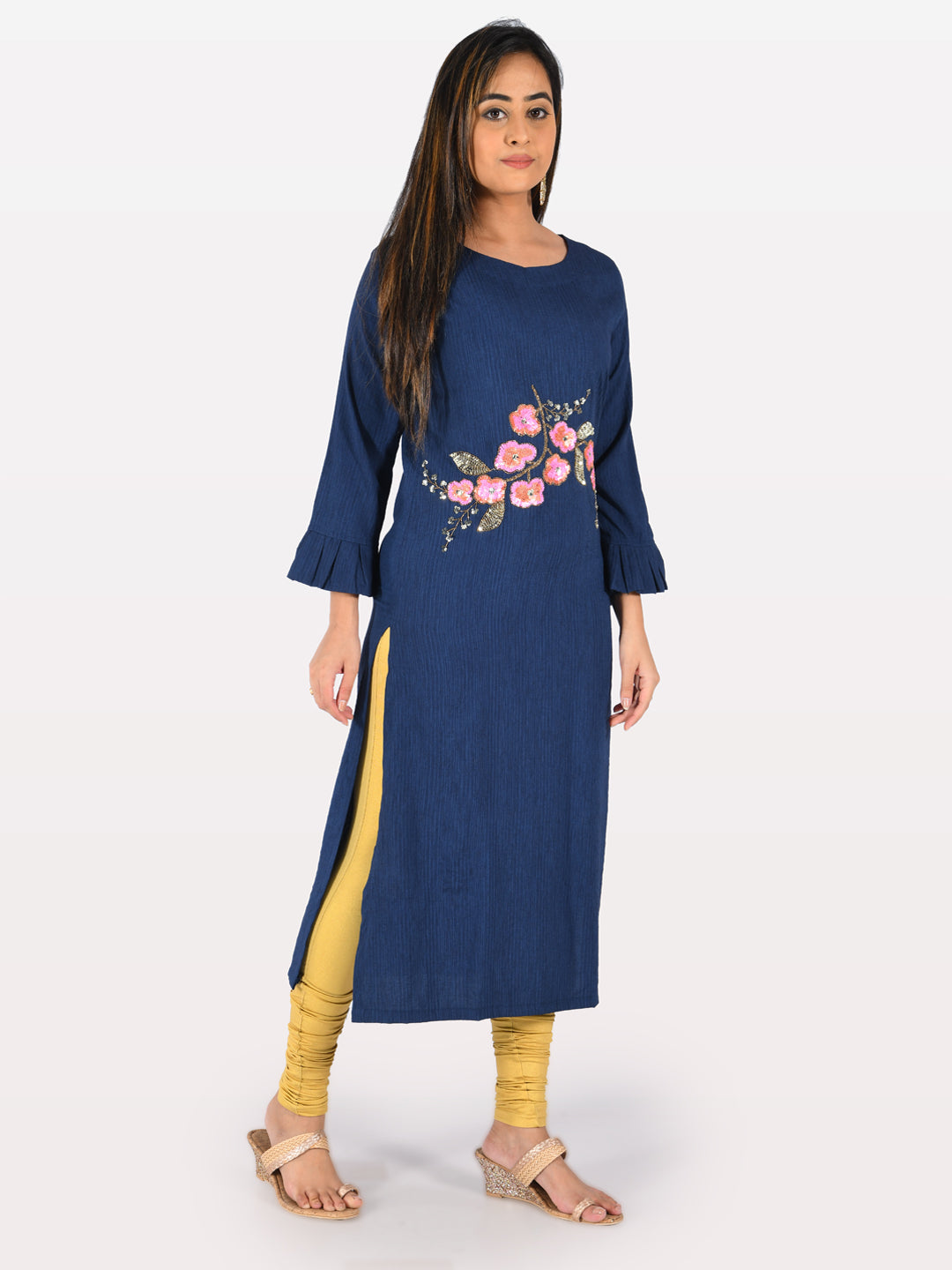 Neerus Blue Embellished Straight Kurta