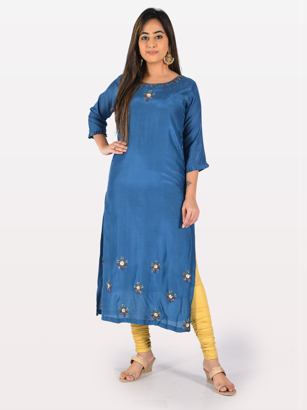 Neerus Blue Embellished Straight Kurta