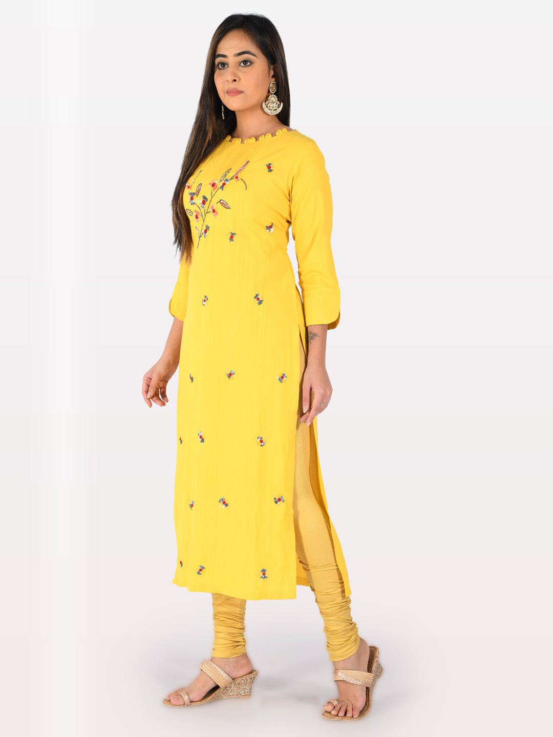 Neerus Yellow Embellished Straight Kurta