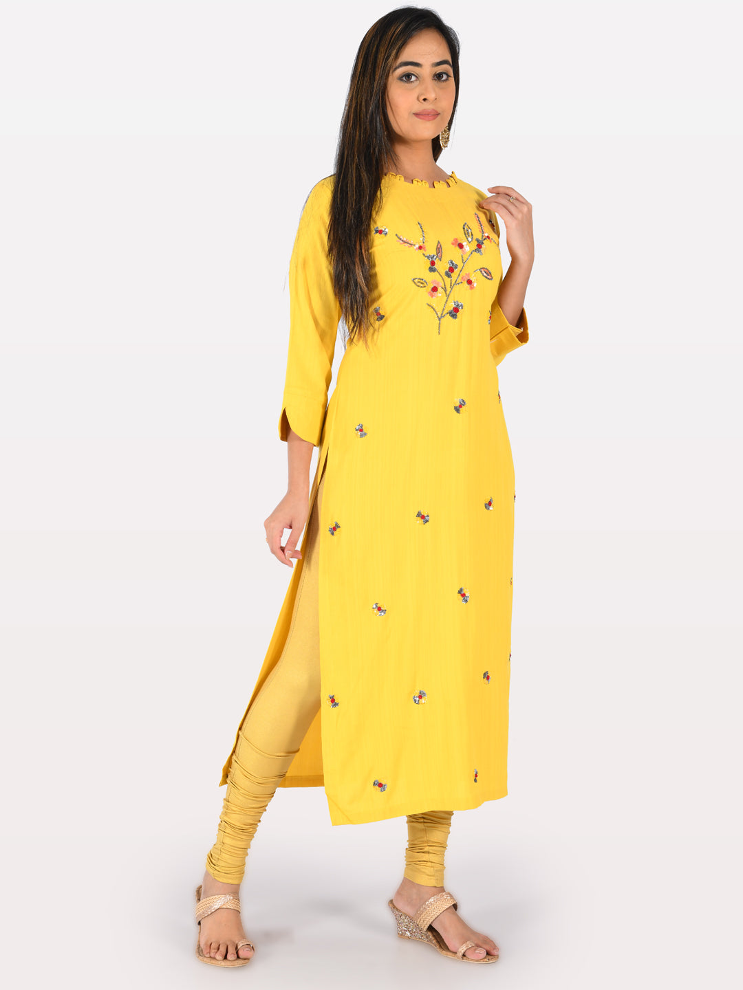 Neerus Yellow Embellished Straight Kurta