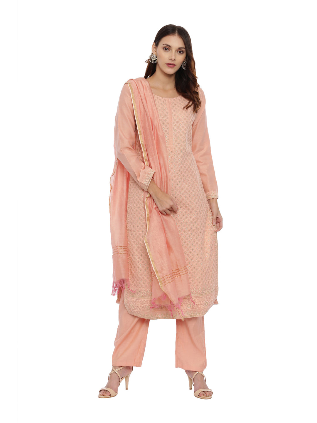 Neerus Peach Embroidered Kurta With Palazzo & Dupatta