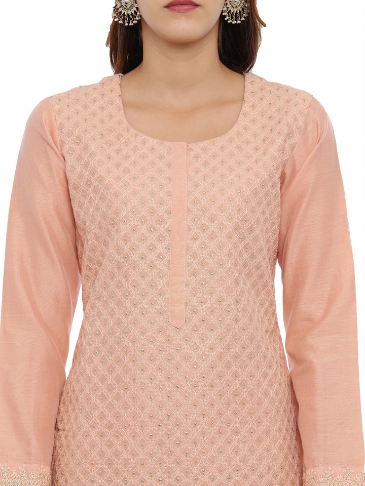 Neerus Peach Embroidered Kurta With Palazzo & Dupatta