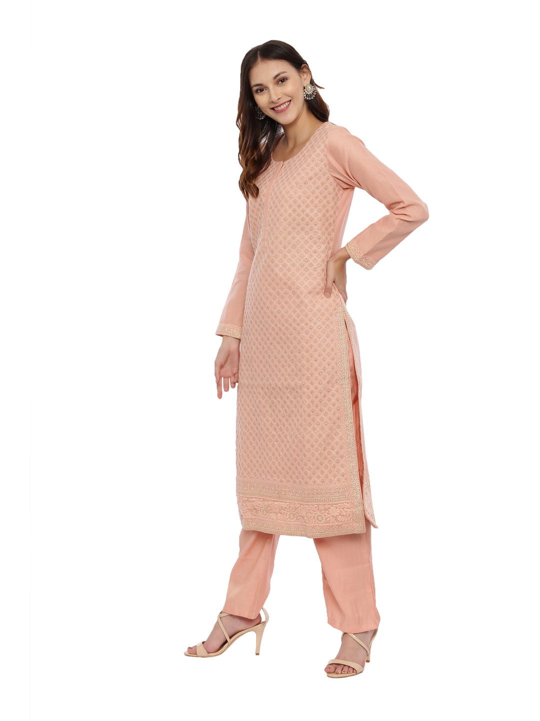Neerus Peach Embroidered Kurta With Palazzo & Dupatta