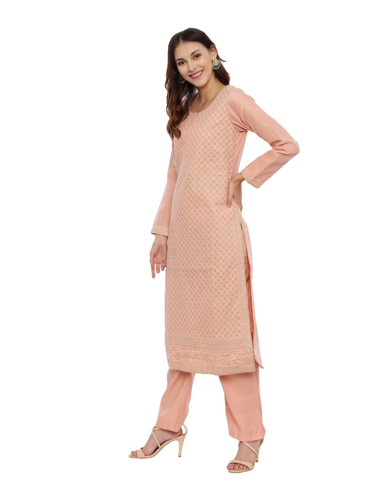Neeru's Peach Embroidered Kurta With Palazzo & Dupatta
