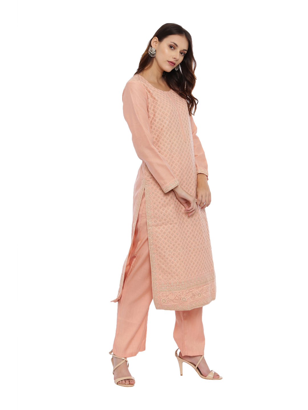 Neerus Peach Embroidered Kurta With Palazzo & Dupatta