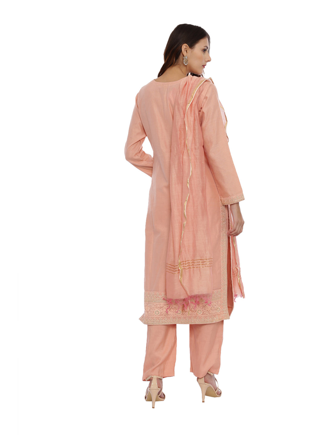 Neerus Peach Embroidered Kurta With Palazzo & Dupatta