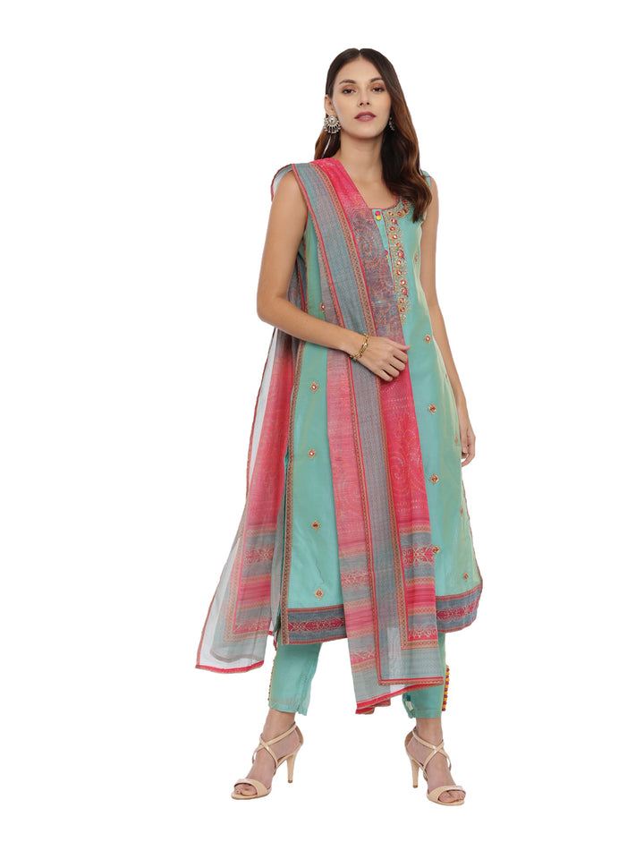 Neerus Sea Green Zari Kurta With Pant & Dupatta