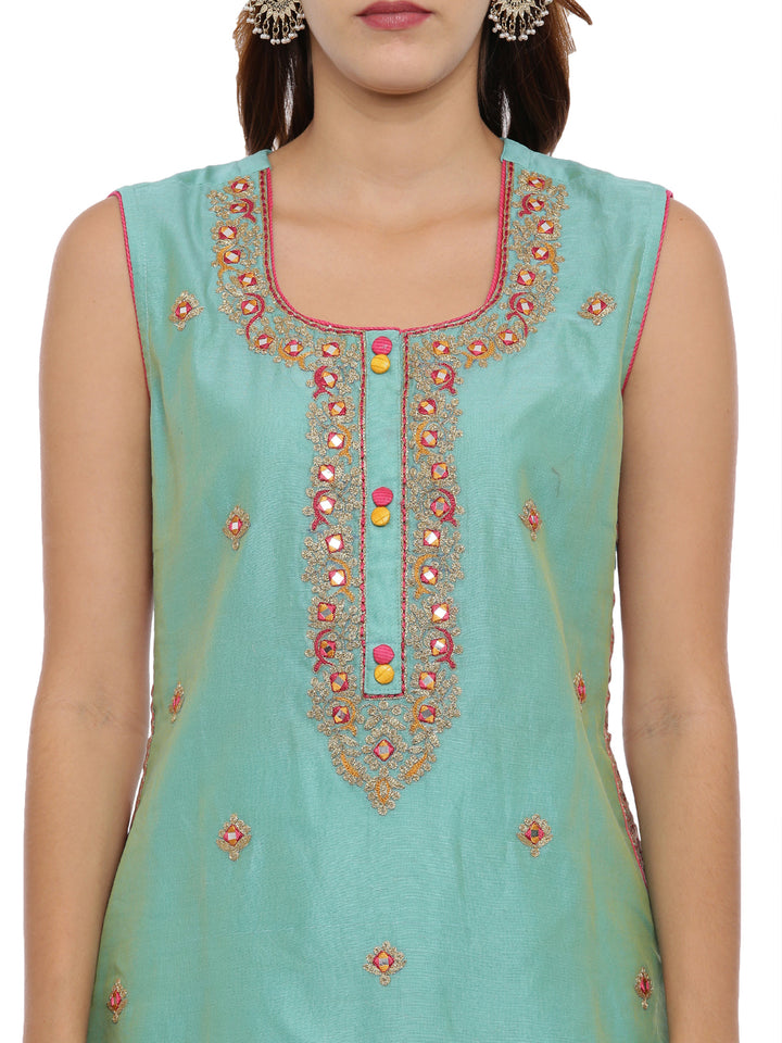 Neerus Sea Green Zari Kurta With Pant & Dupatta