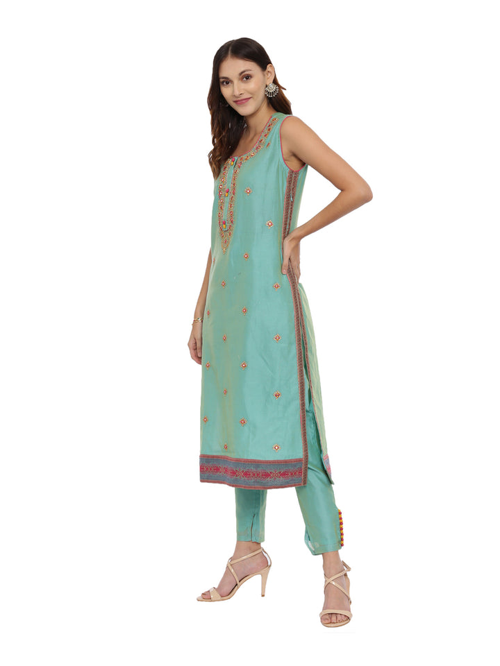 Neerus Sea Green Zari Kurta With Pant & Dupatta