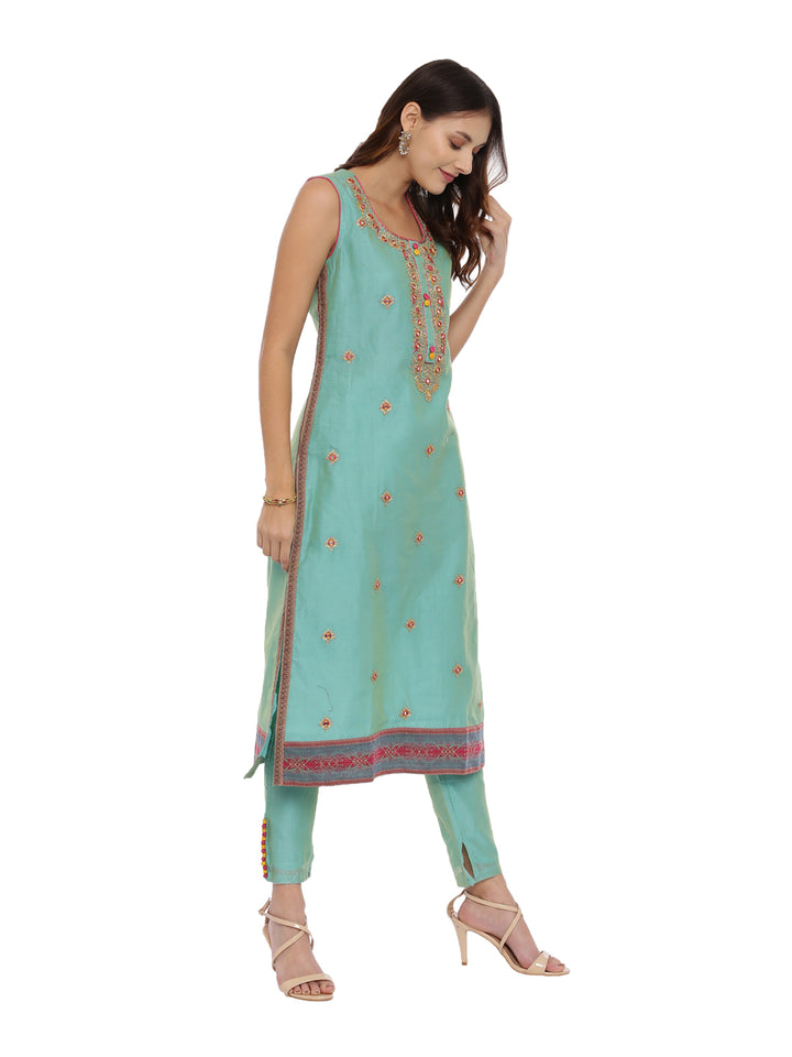 Neerus Sea Green Zari Kurta With Pant & Dupatta
