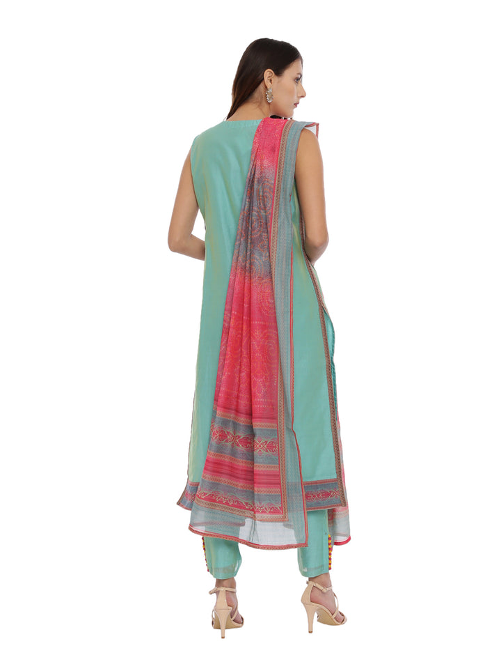Neerus Sea Green Zari Kurta With Pant & Dupatta