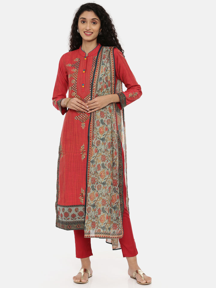 Neerus Red Embroidered Kurta With Pant & Dupatta