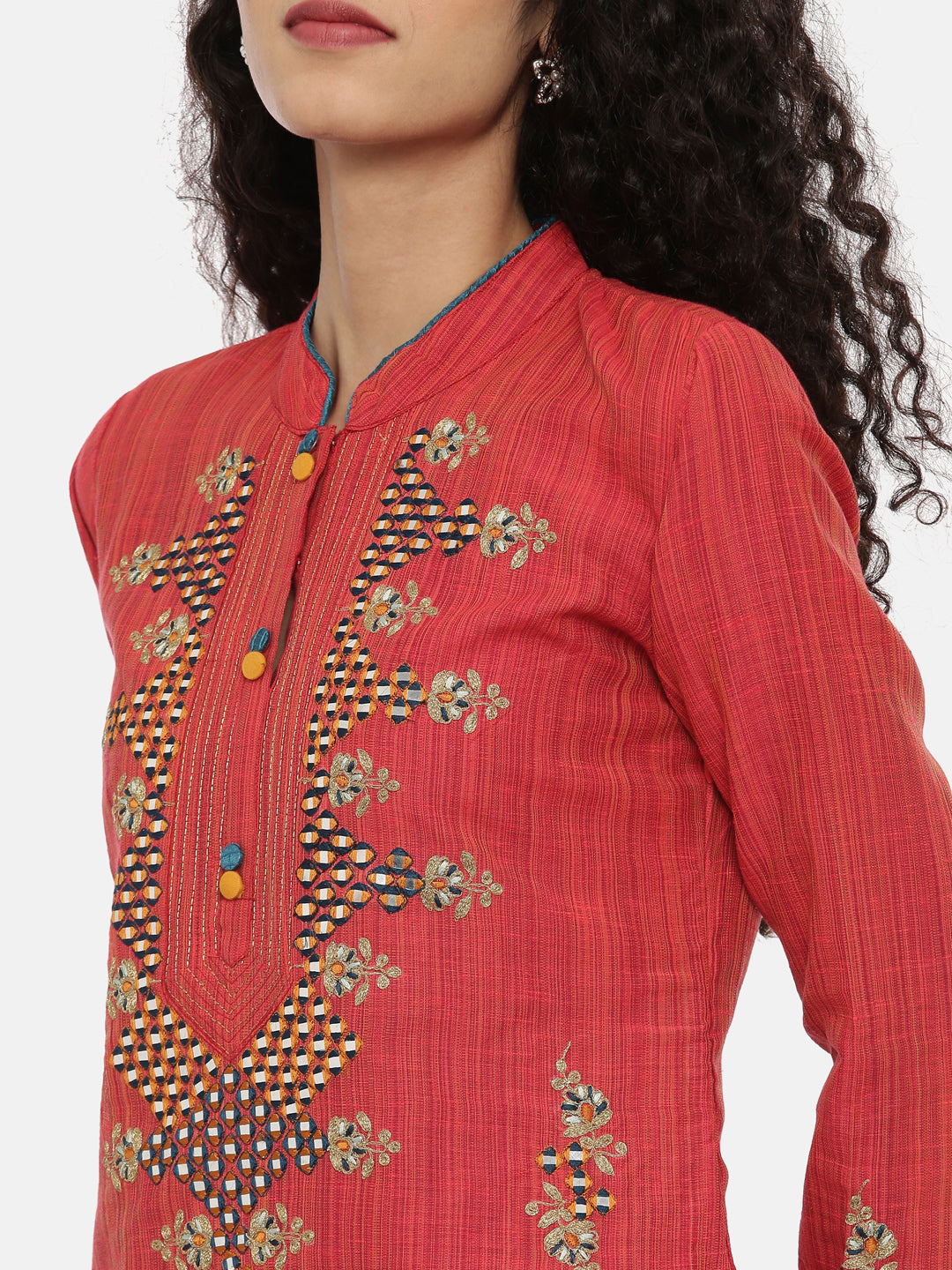 Neerus Red Embroidered Kurta With Pant & Dupatta