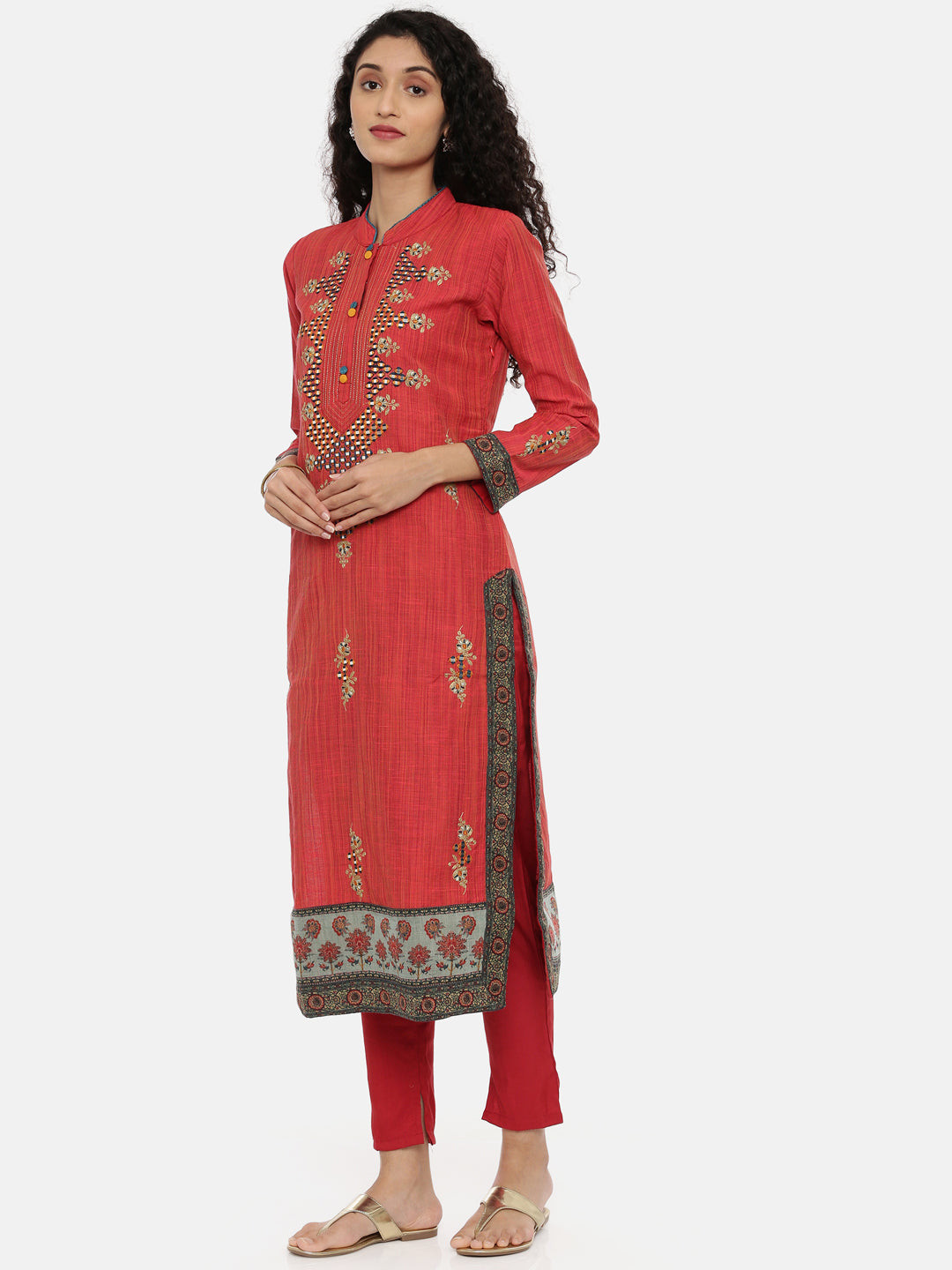 Neerus Red Embroidered Kurta With Pant & Dupatta