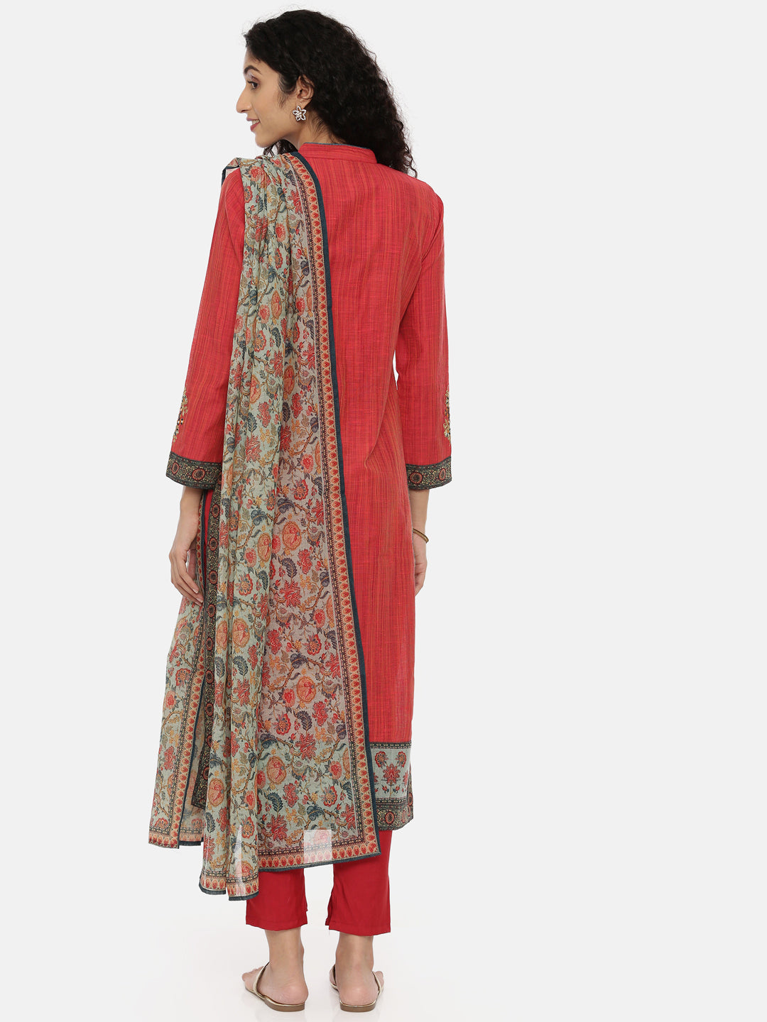 Neerus Red Embroidered Kurta With Pant & Dupatta