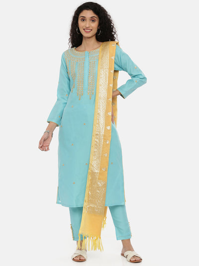 Neeru's Blue Embroidered Kurta With Pant & Dupatta